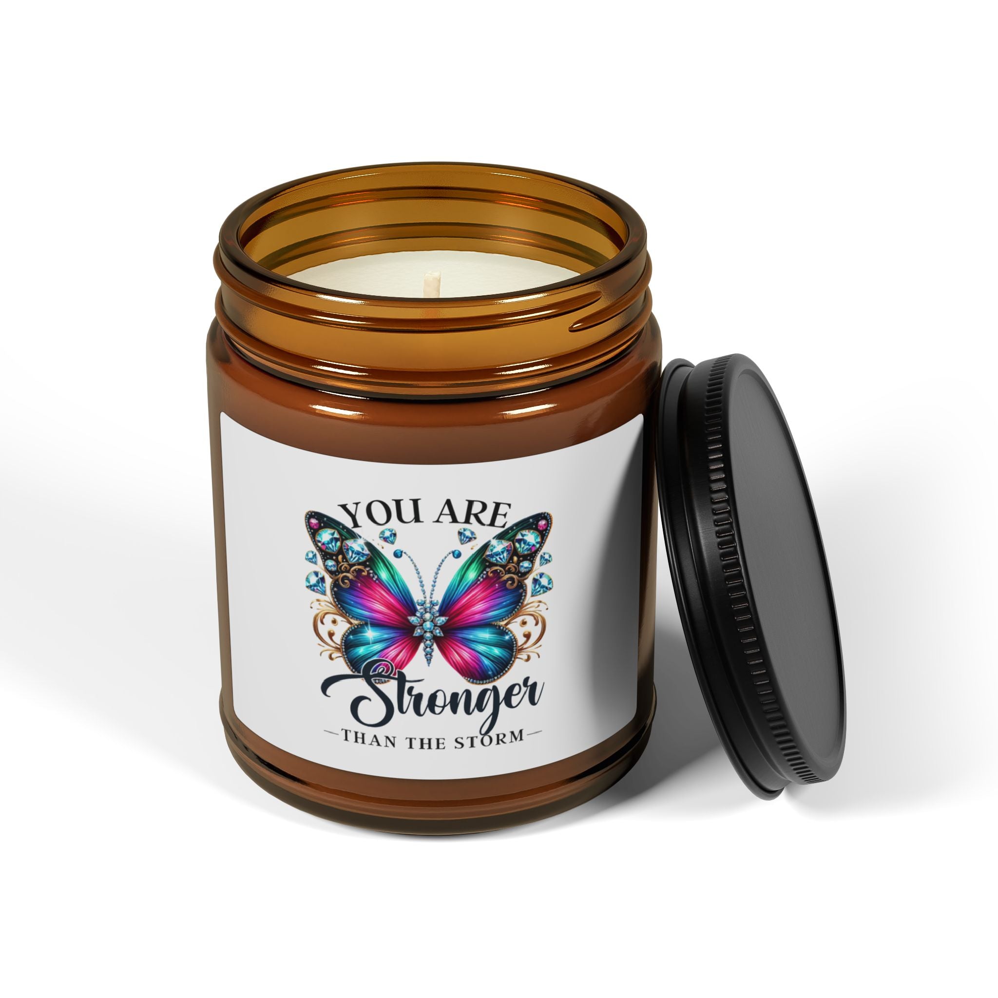 Inspirational Butterfly Soy Candle — "You Are Stronger Than The Storm" Amber Jar