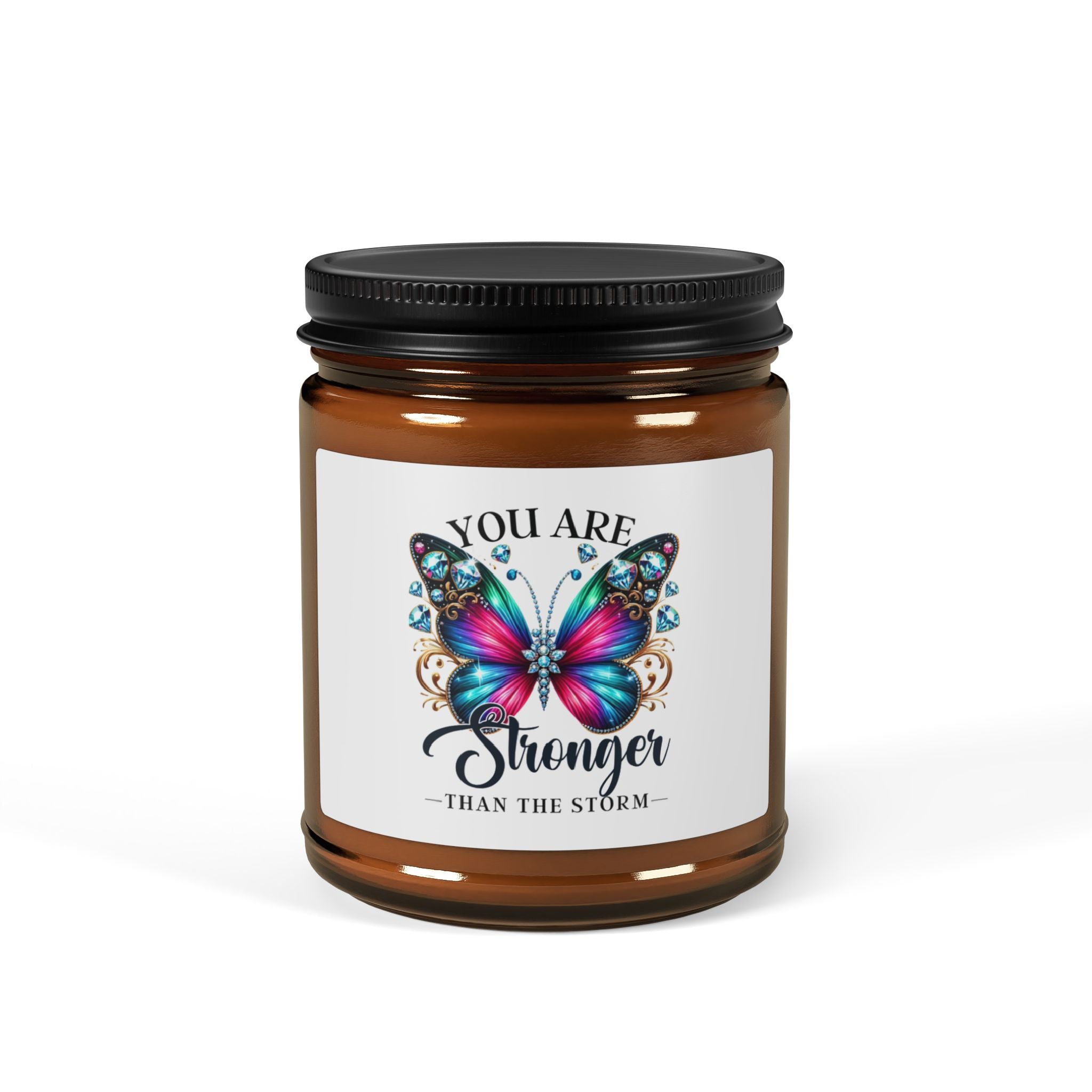 Inspirational Butterfly Soy Candle — "You Are Stronger Than The Storm" Amber Jar
