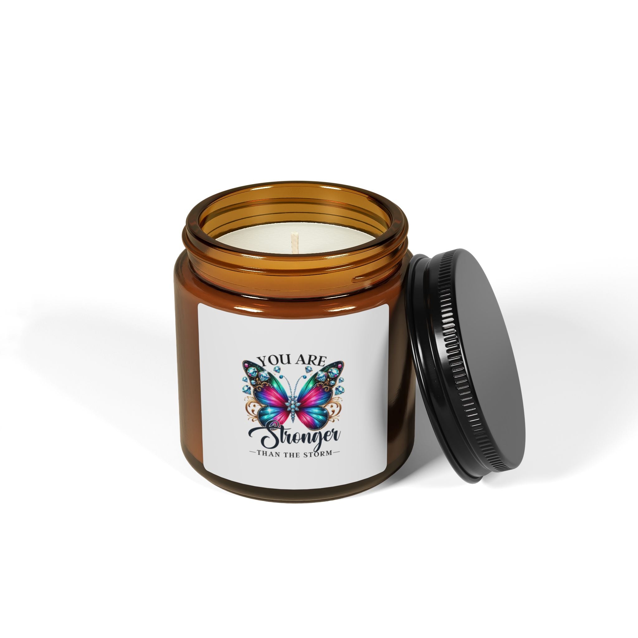Inspirational Butterfly Soy Candle — "You Are Stronger Than The Storm" Amber Jar