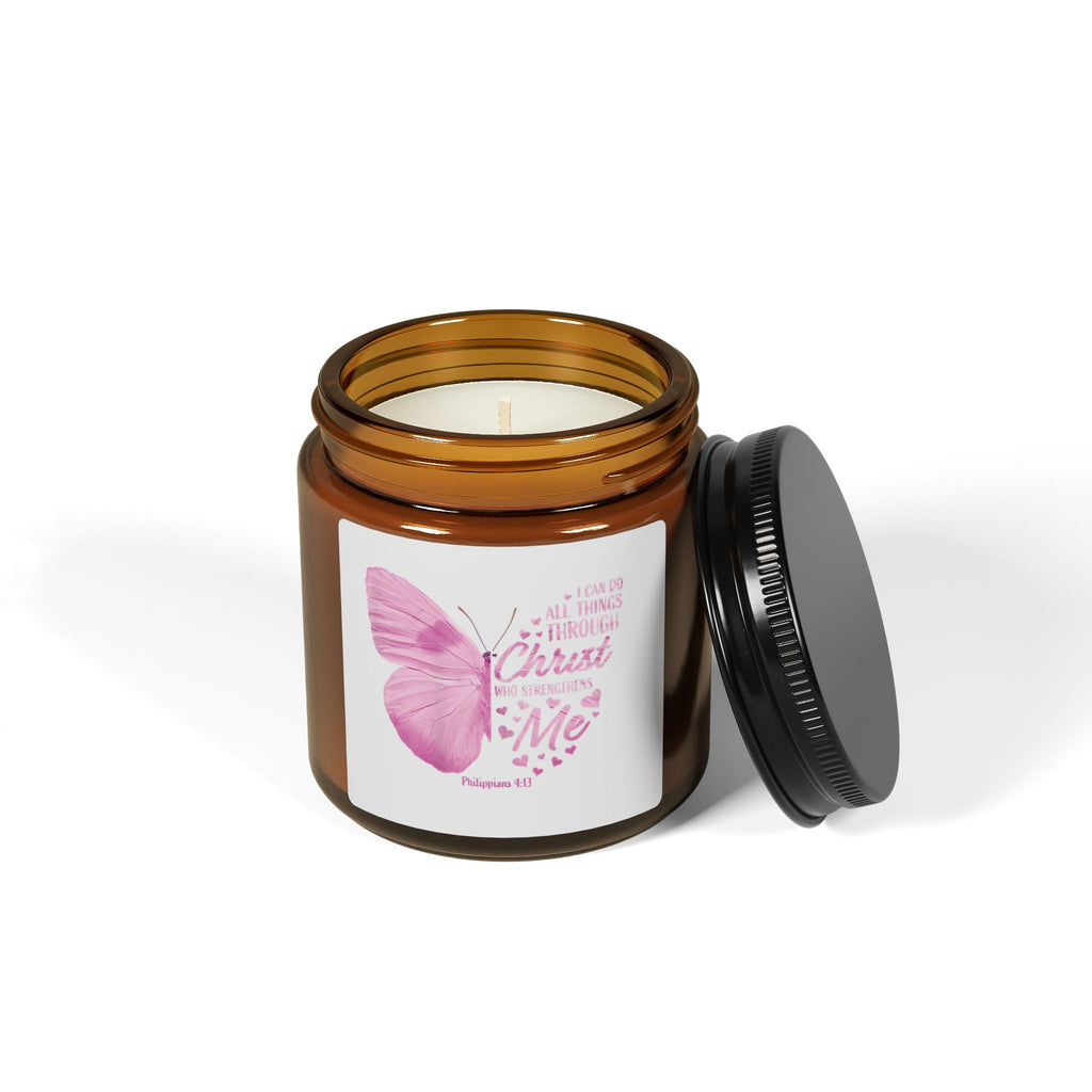 Inspirational Butterfly Soy Candle — "Christ in Me" Amber Jar 9oz,4oz