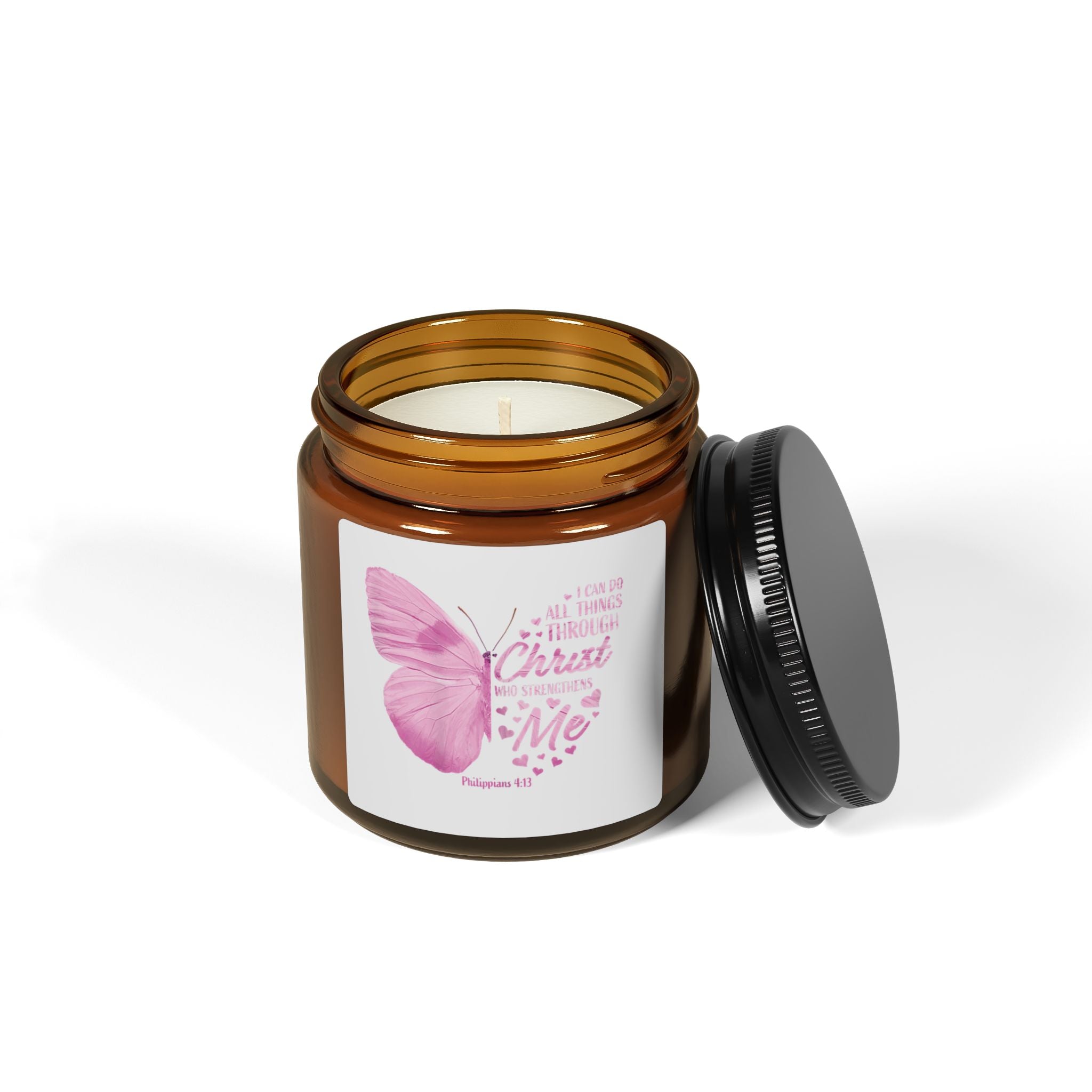 Inspirational Butterfly Soy Candle — "Christ in Me" Amber Jar 9oz,4oz