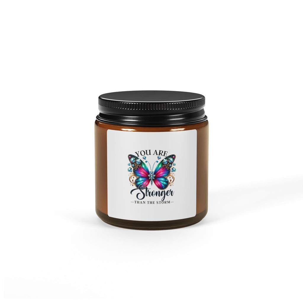 Inspirational Butterfly Soy Candle — "You Are Stronger Than The Storm" Amber Jar