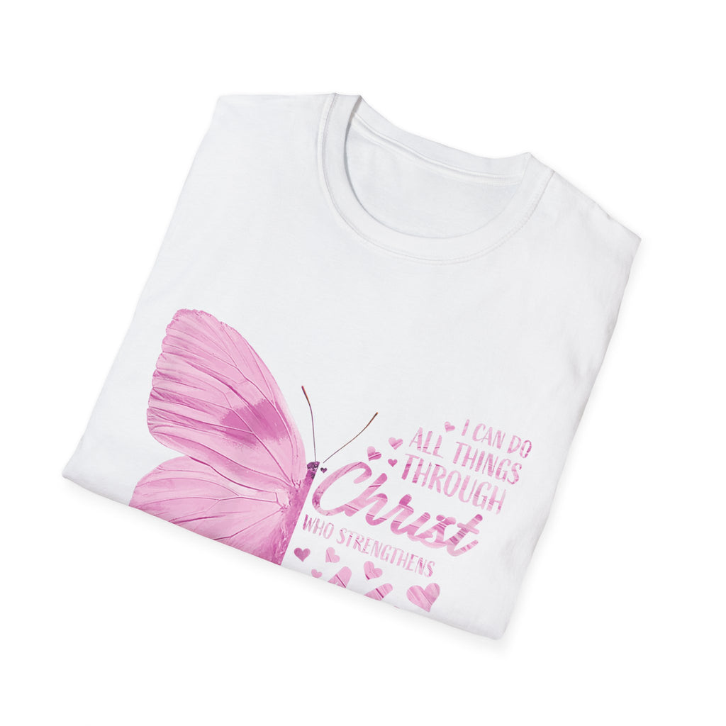 I Can Do All Things Through Christ Me T-Shirt | Pink Butterfly Scripture Philippians 4:13
